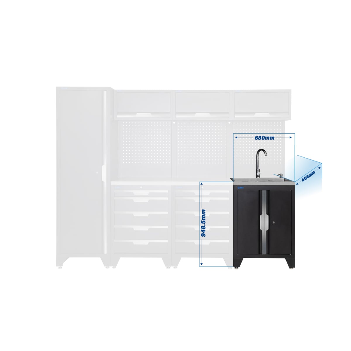 SGS 10pc Modular Garage Storage | 10 Drawers | Stainless Steel Worktop | Tall Single Cabinet | Sink Unit | 3x Upper Cabinets